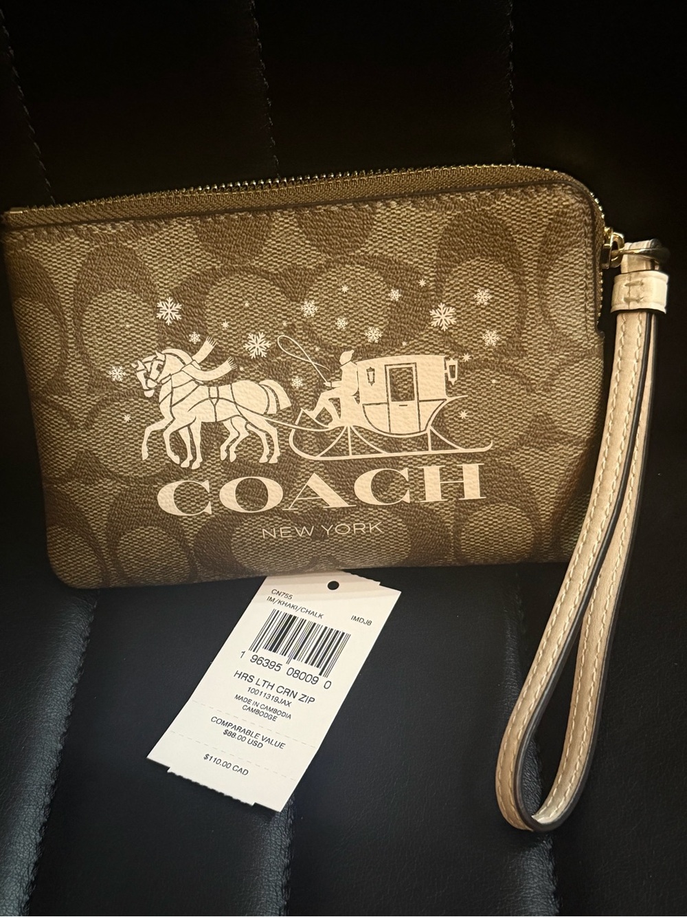 Coach Brown Signature Canvas Wristlet with Cream Logo and Strap